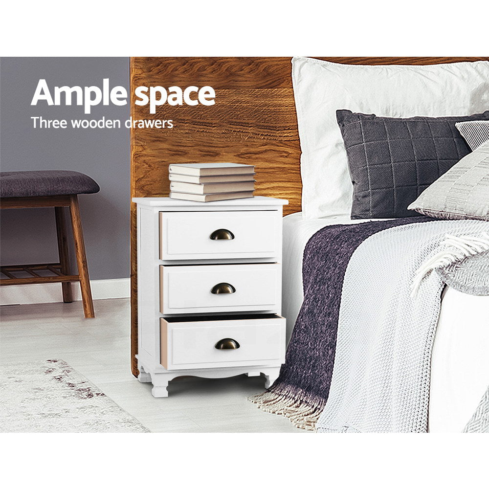 3 Drawer Vintage Bedside Table White Finish