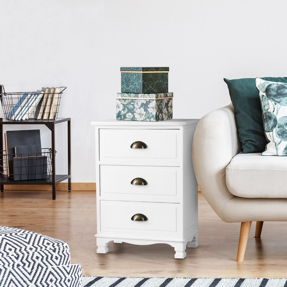 3 Drawer Vintage Bedside Table White Finish