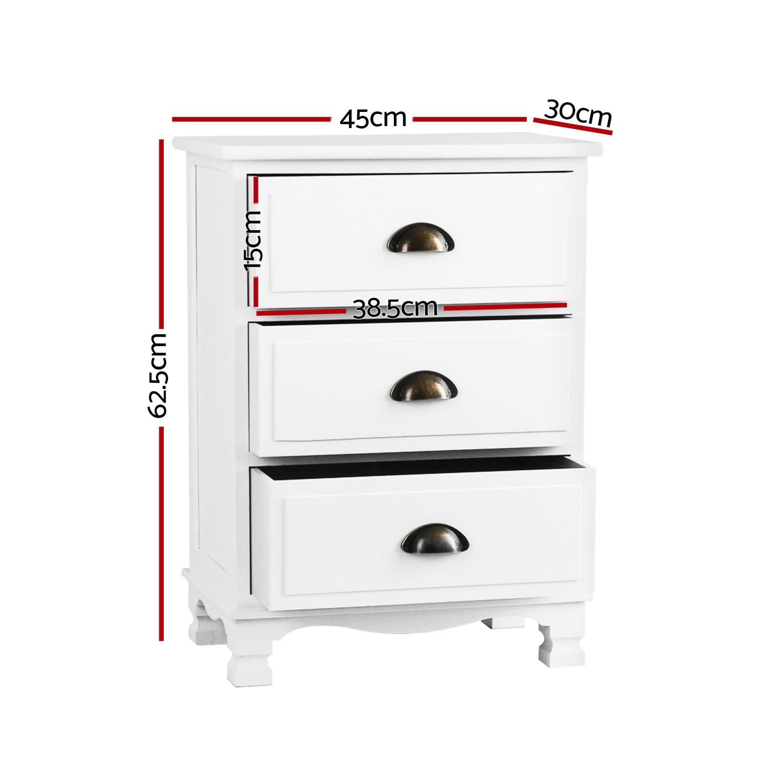 White bedside table 45x30x62.5cm, rear view