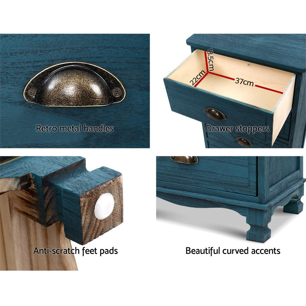 Bedside Table 3 Drawers Vintage - THYME Blue