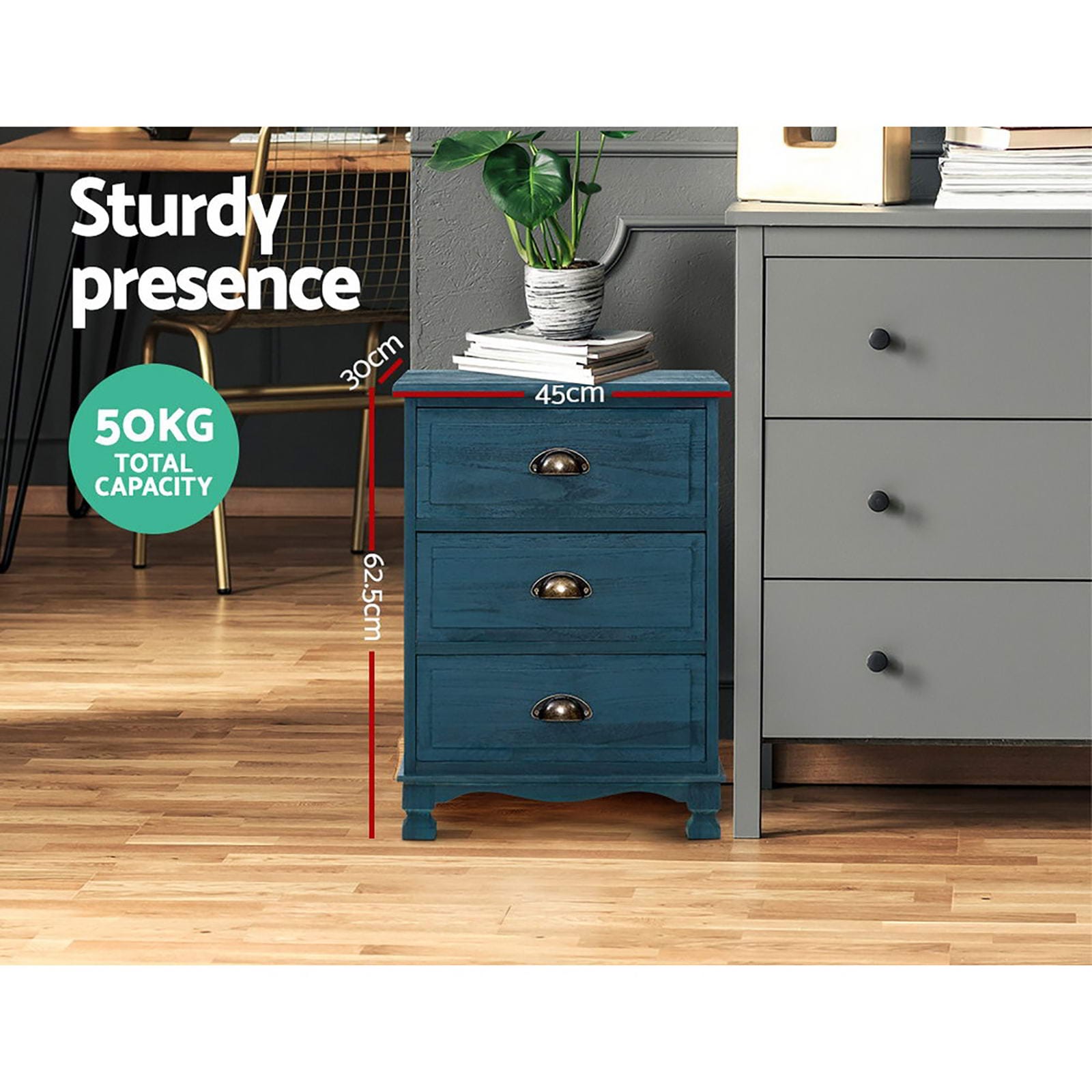 Bedside Table Vintage Blue 37x22x13.5cm