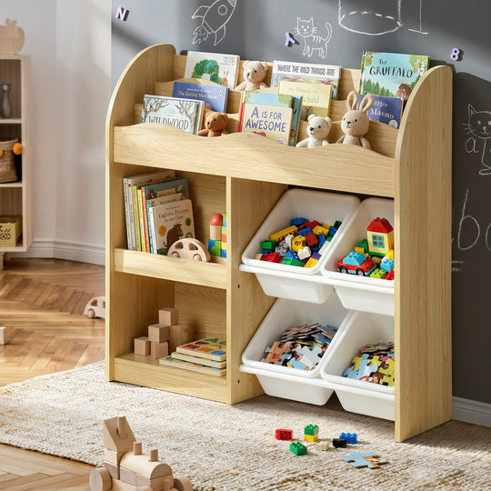Kids Bookshelf 4 Bins Toy Box Storage Organiser Display Shelf