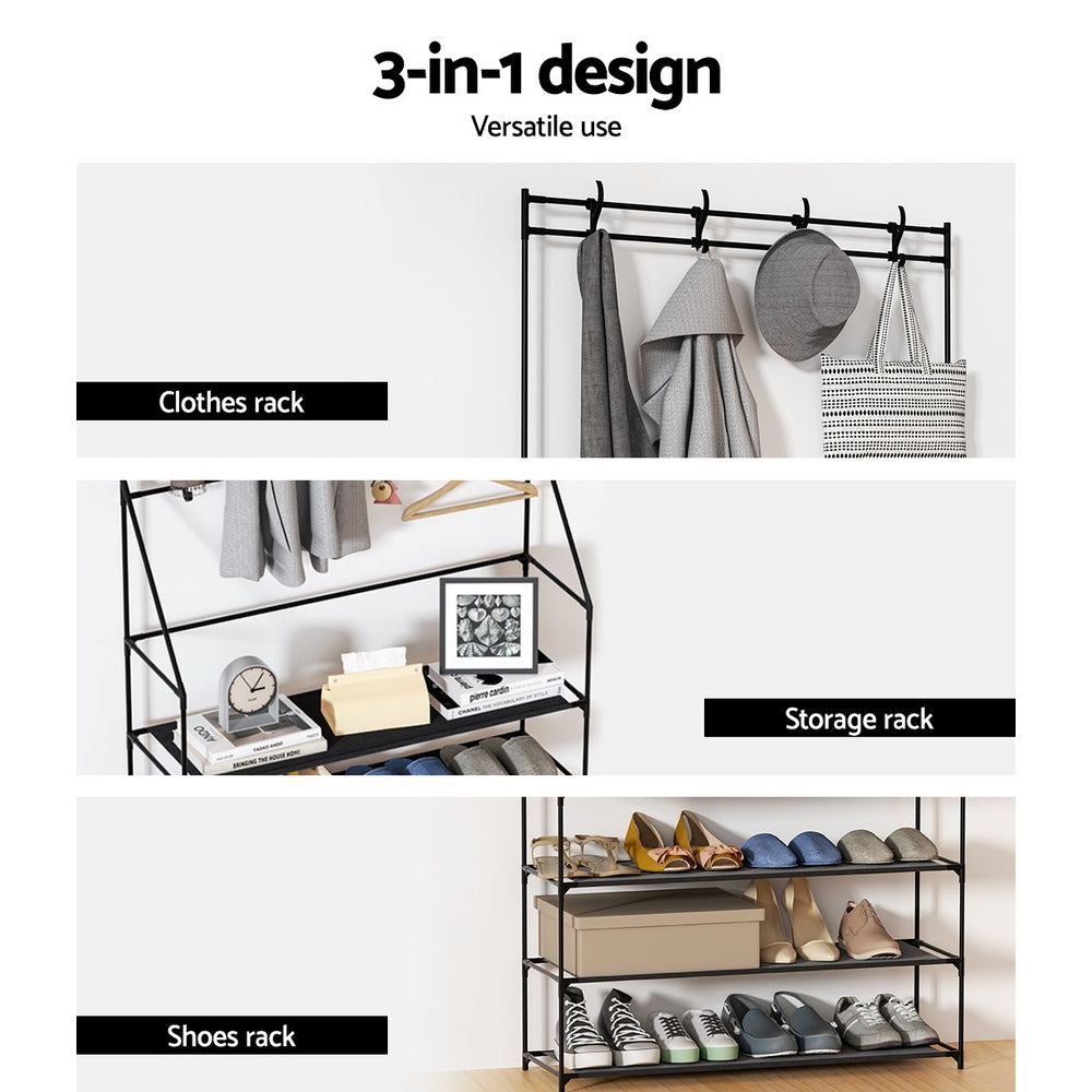 Heavy-Duty Hall Tree Shoe Rack Black Holds 16 Pairs