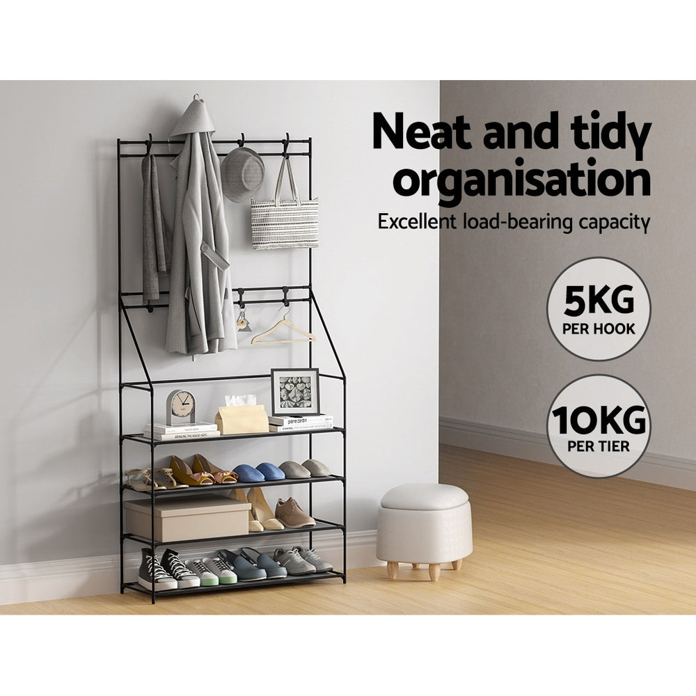Heavy-Duty Hall Tree Shoe Rack Black Holds 16 Pairs