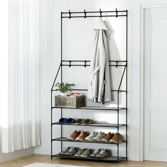 Black colour - Heavy-Duty Hall Tree Shoe Rack Black Holds 16 Pairs