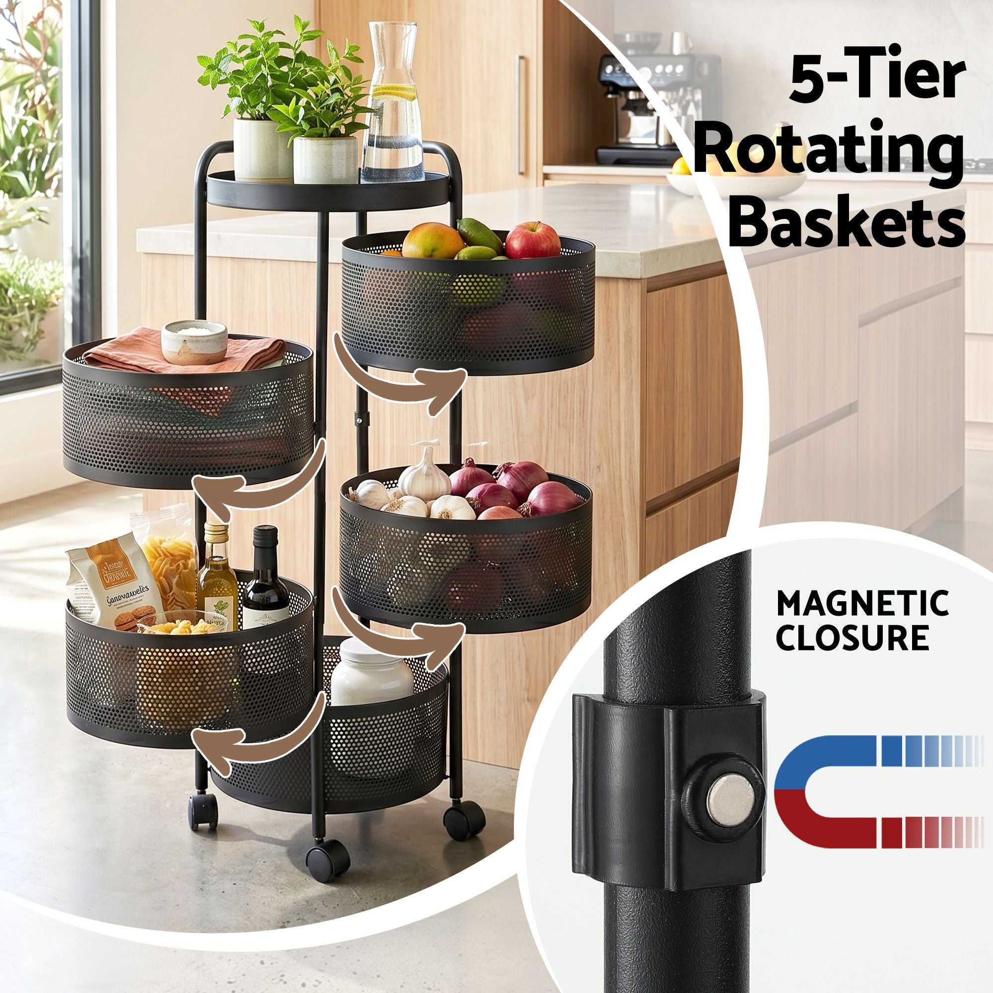 5-Tier Rolling Kitchen Storage Trolley Black | Simpledeals