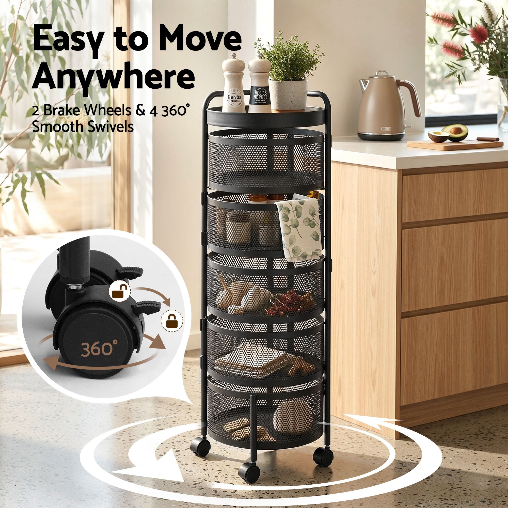 5-Tier Rolling Kitchen Storage Trolley Black | Simpledeals