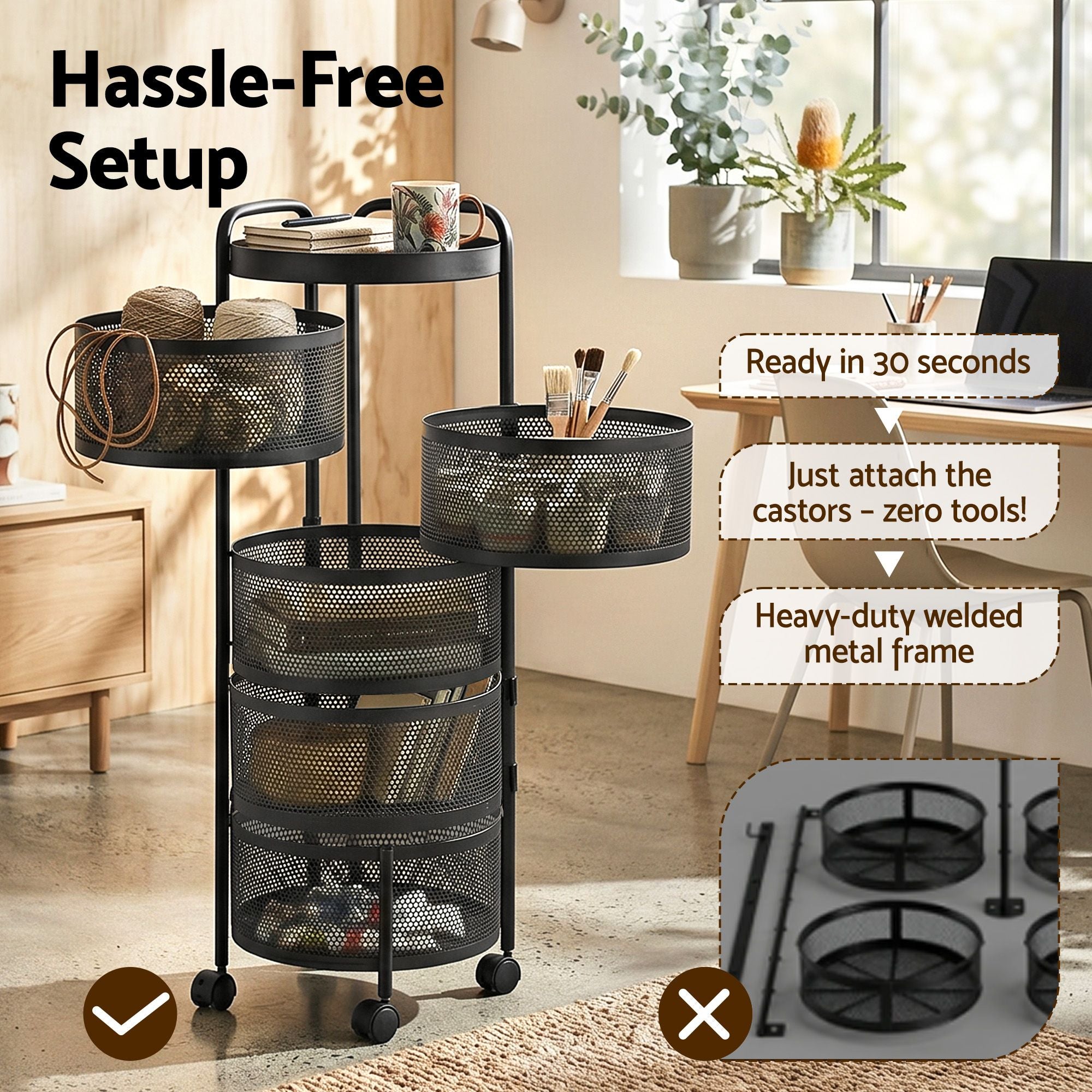 5-Tier Rolling Kitchen Storage Trolley Black | Simpledeals