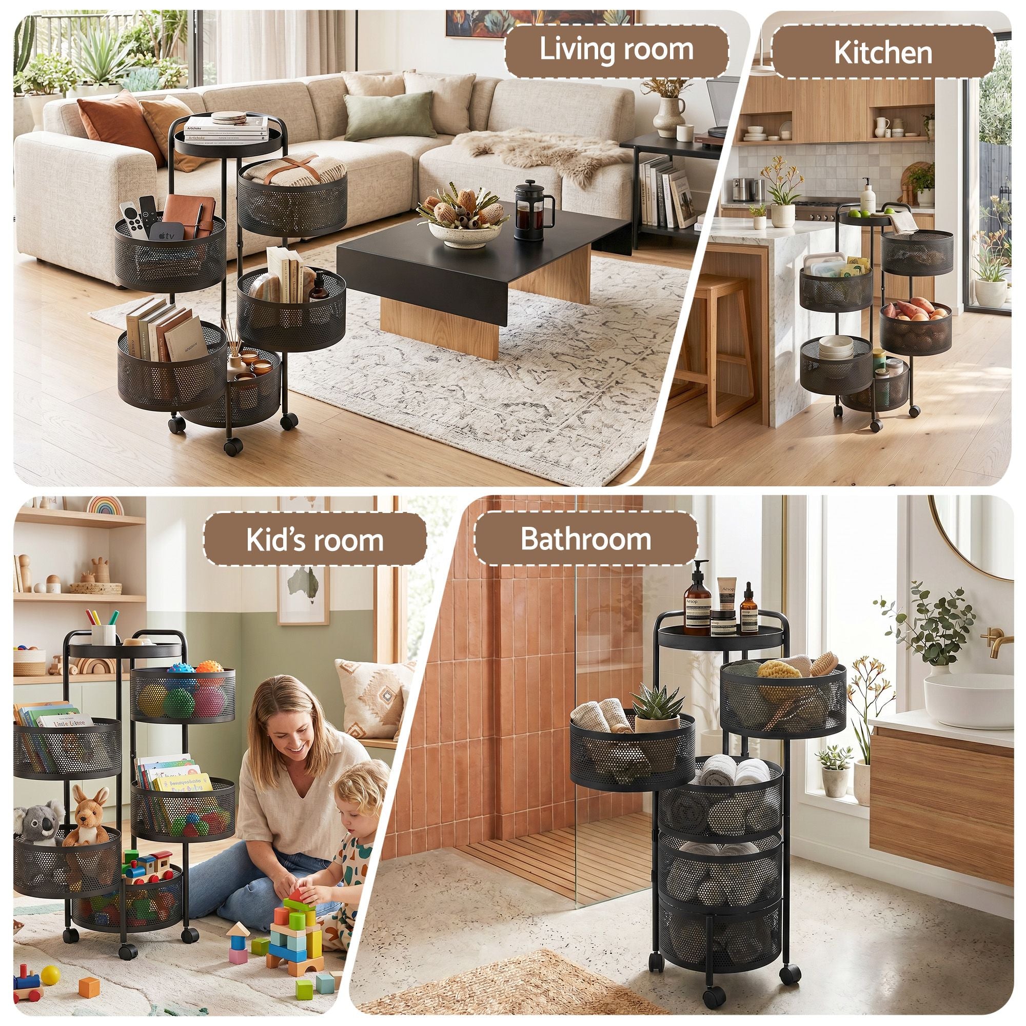 5-Tier Rolling Kitchen Storage Trolley Black | Simpledeals