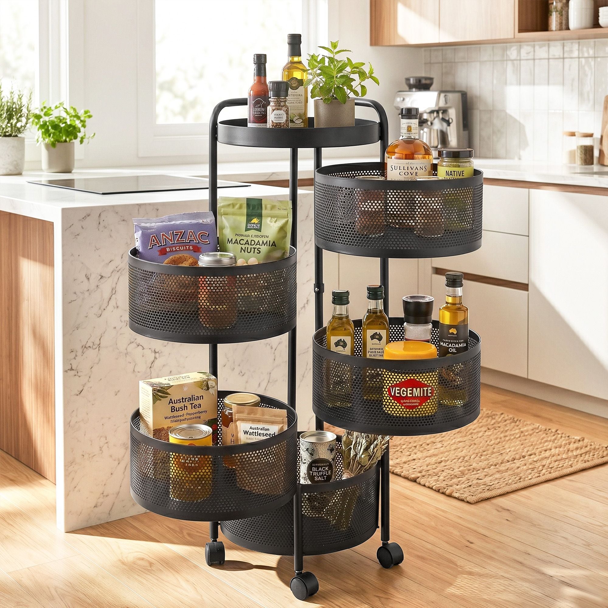 5-Tier Rolling Kitchen Storage Trolley Black | Simpledeals