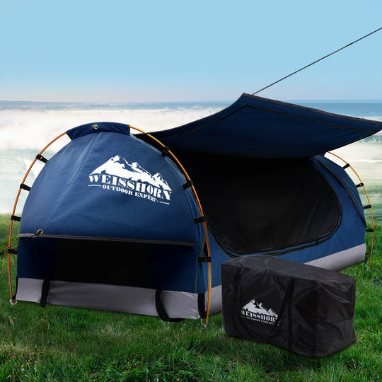Tents - King Single Swag Camping Swags Canvas Free Standing Dome Tent Blue