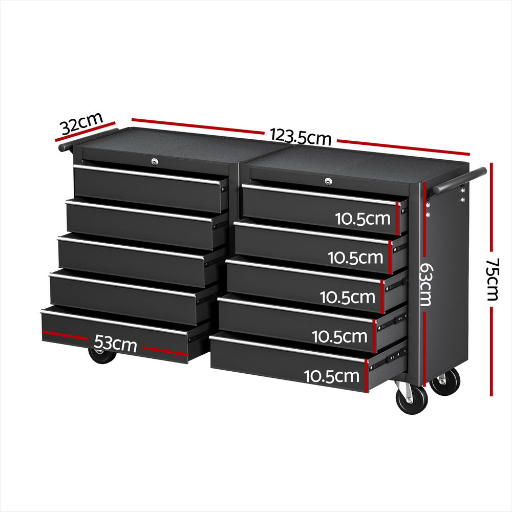 Tool Chest Trolley 10 Drawers Toolbox Storage Black, Tool Boxes