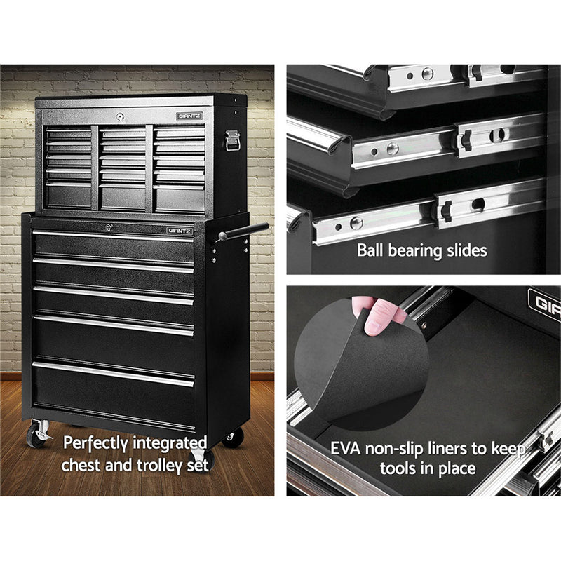 14 Drawer Tool Box Cabinet Chest Mechanic Garage Storage Trolley Black - Tool Cabinets