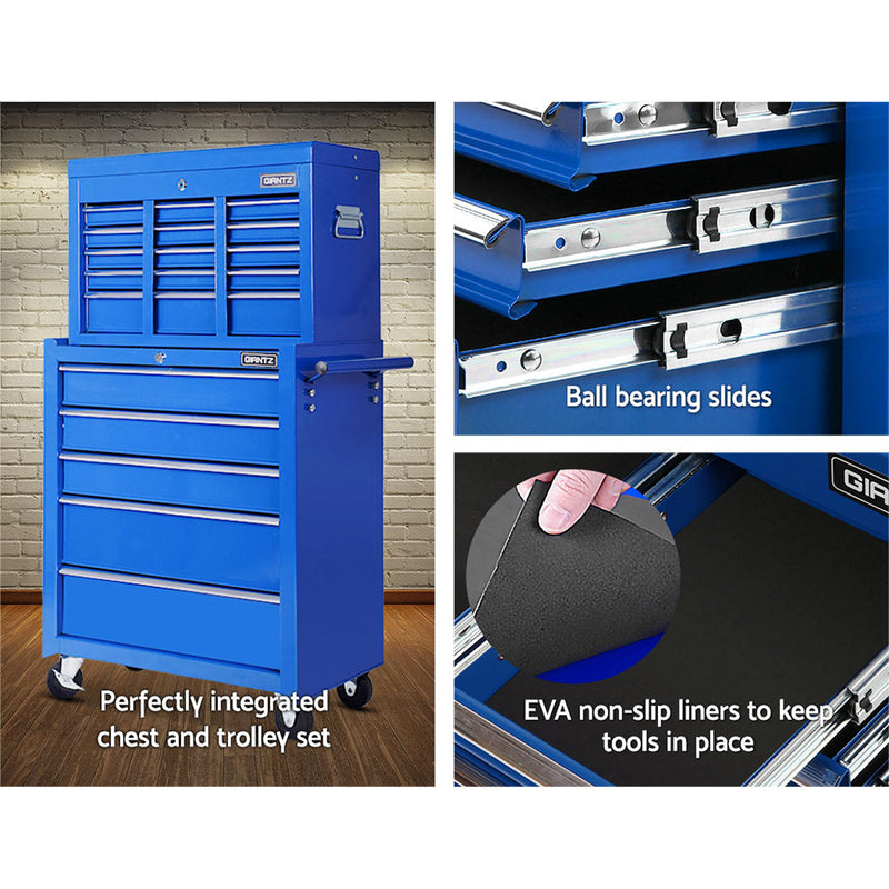 14 Drawer Tool Box Cabinet Chest Mechanic Garage Storage Trolley Blue - Giantz Toolbox