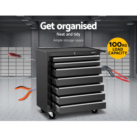 7 Drawer Tool Box Cabinet Chest Trolley Storage Garage Toolbox Black - Tool Cabinets