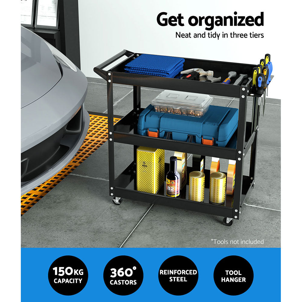 3-Tier Tool Cart Trolley Workshop Garage Storage Organizer Black