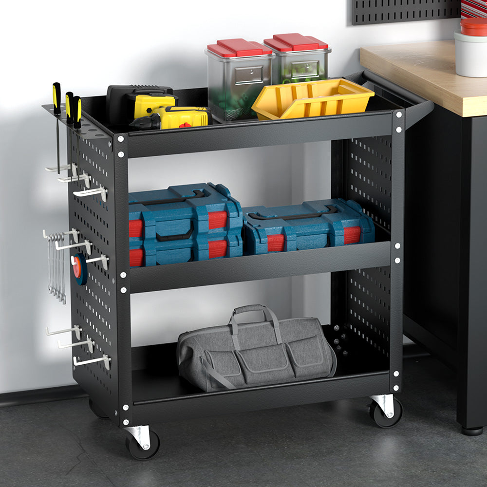 3-Tier Tool Cart Trolley - Garage Storage w/Pegboard, Utility Trolleys