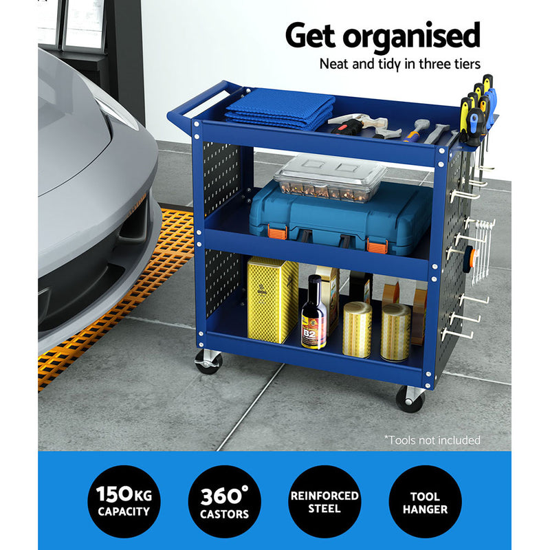 3-Tier Tool Cart Storage Trolley Workshop Garage Pegboard Hooks Blue
