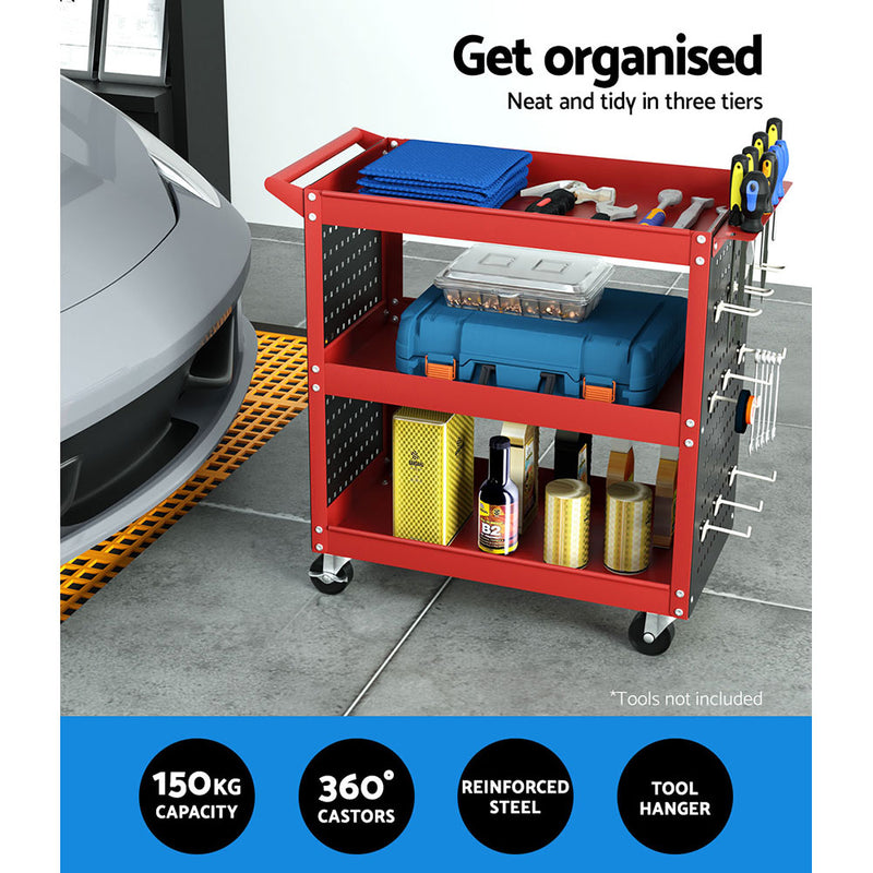 3-Tier Tool Cart Garage Pegboard Hooks Red