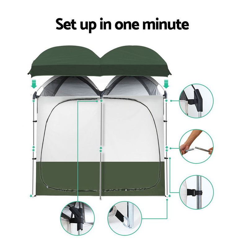Double Camping Shower Toilet Tent Outdoor Portable Change Room - Weisshorn Green