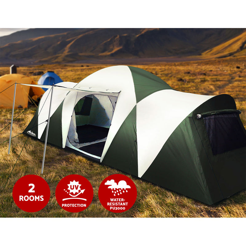Family Camping Tent 12 Person Hiking Beach Tents (3 Rooms) Green - Weisshorn