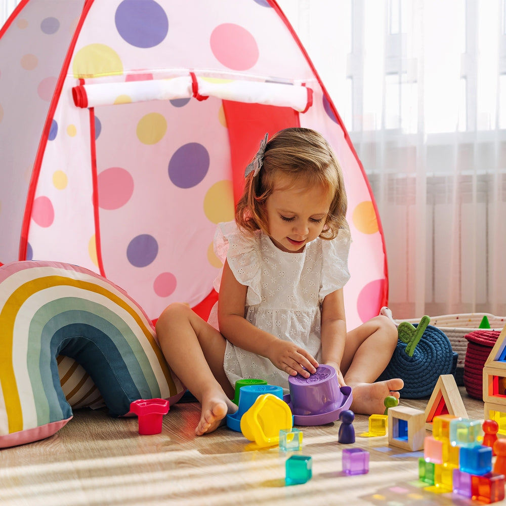 Kids Play Tent Pop Up Playhouse Ball Pit Tunnel Basketball Hoop Blue/Red