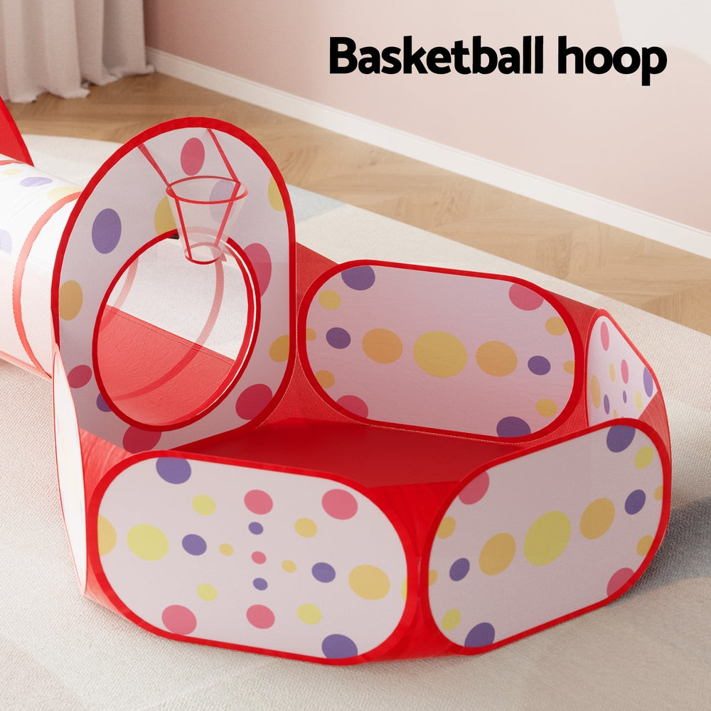 Kids Play Tent Pop Up Playhouse Ball Pit Tunnel Basketball Hoop Blue/Red