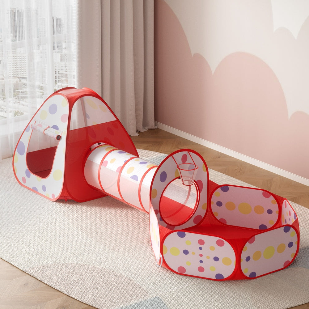 Kids Play Tent Pop Up Playhouse Ball Pit Tunnel Basketball Hoop Blue/Red