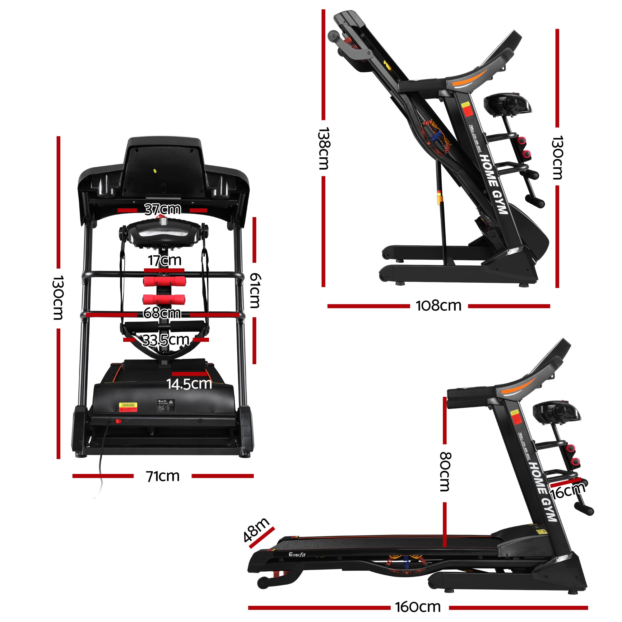 Electric Treadmill 480mm 18kmh 3.5HP Auto Incline Home Gym Run Exercise Machine Fitness Dumbbell Massager
