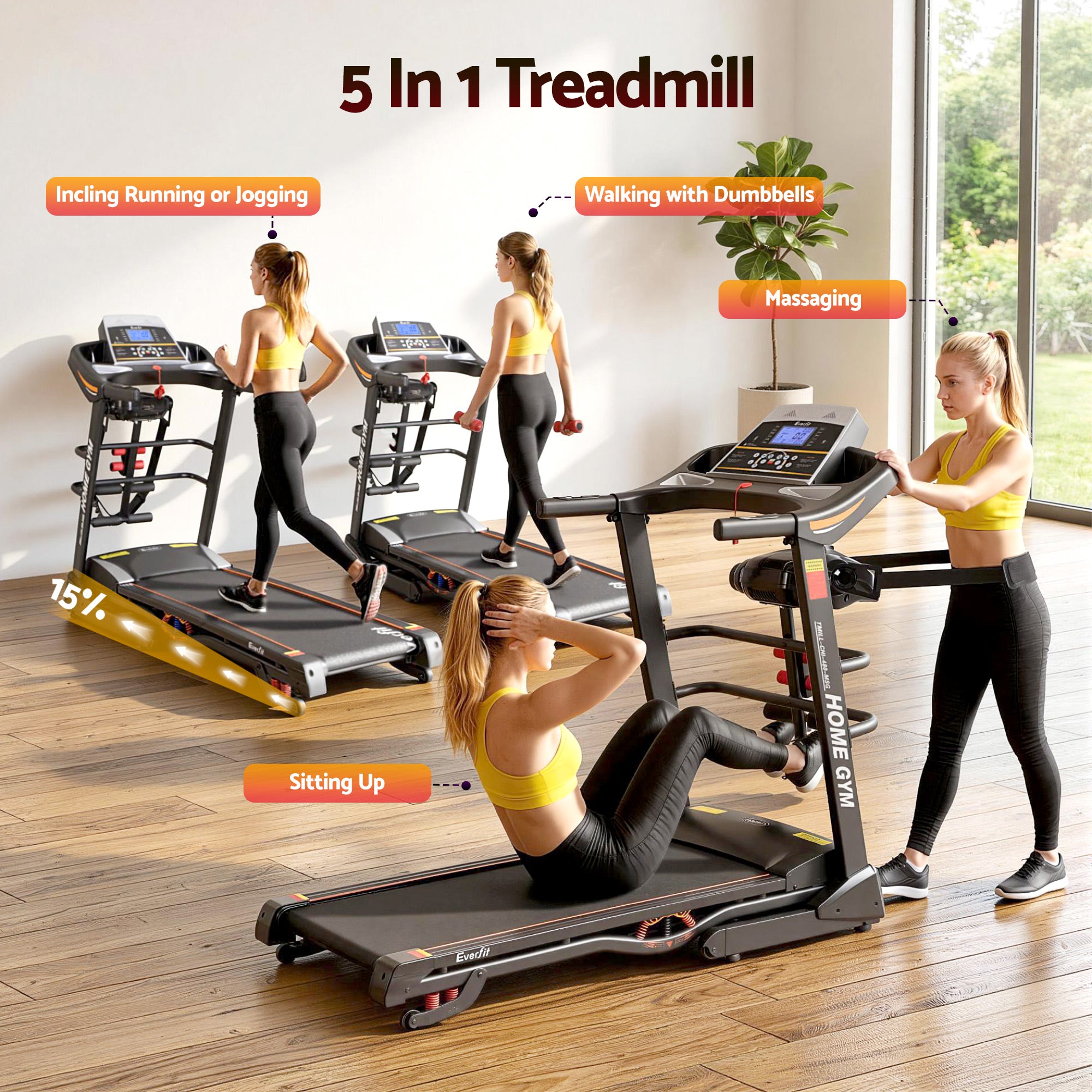 Electric Treadmill 480mm 18kmh 3.5HP Auto Incline Home Gym Run Exercise Machine Fitness Dumbbell Massager