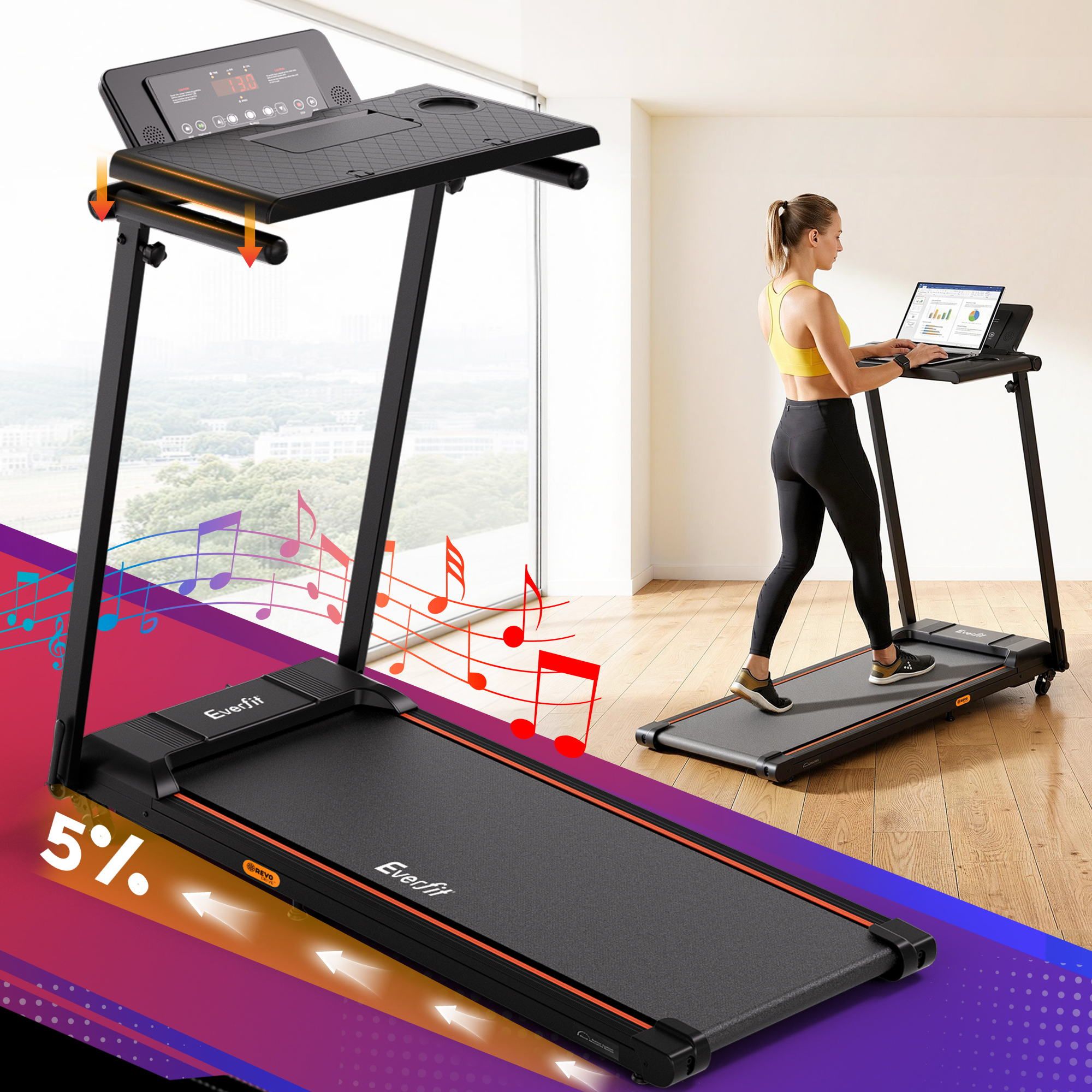 Treadmill Electric Walking Pad Foldable Incline for Home Office Gym Black - Black colour