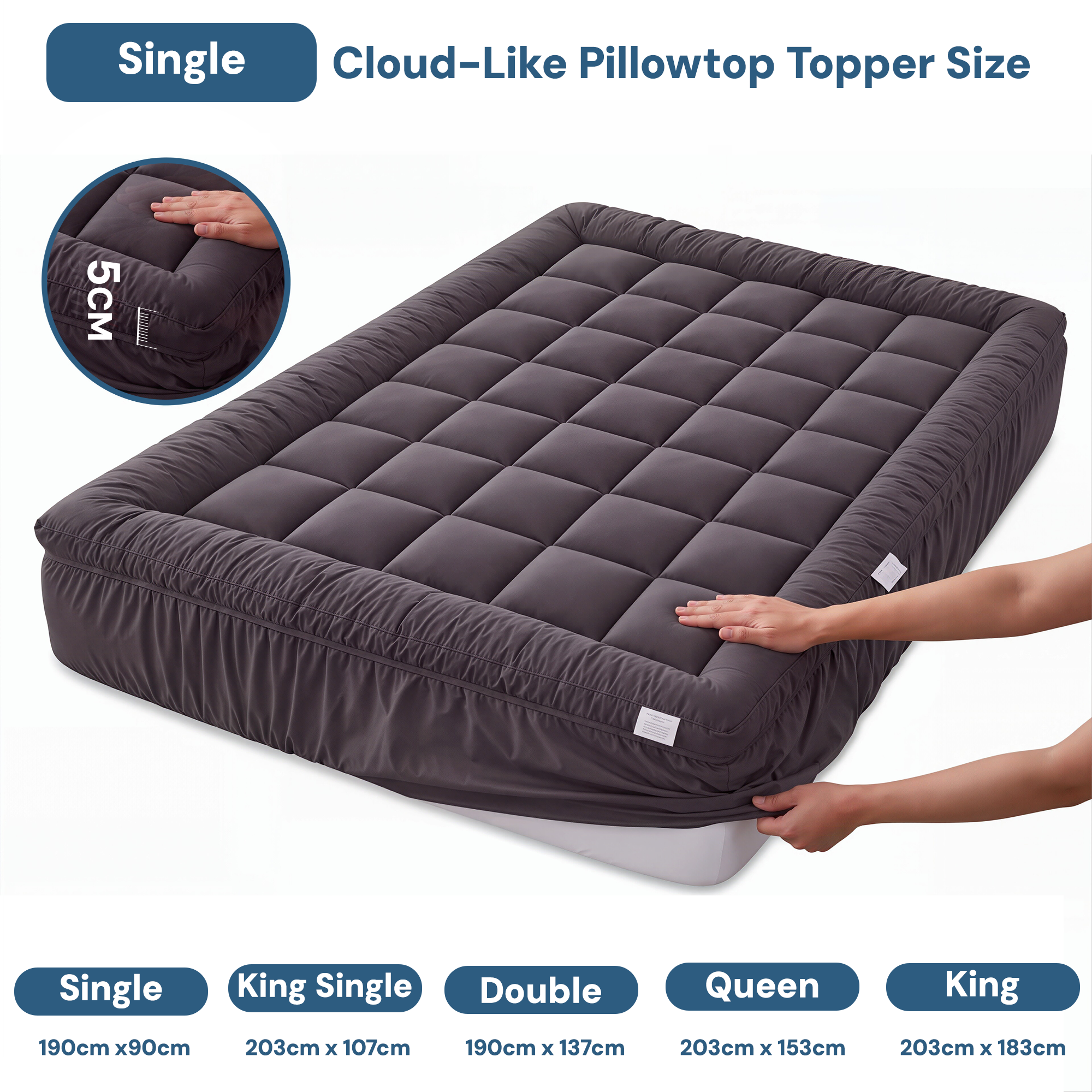 Giselle Bedding Bamboo Charcoal Filling Pillowtop Topper 1000GSM 5cm Thick Pillowtop Pad for Back Pain Relief Washable with 45cm Deep Pocket Single