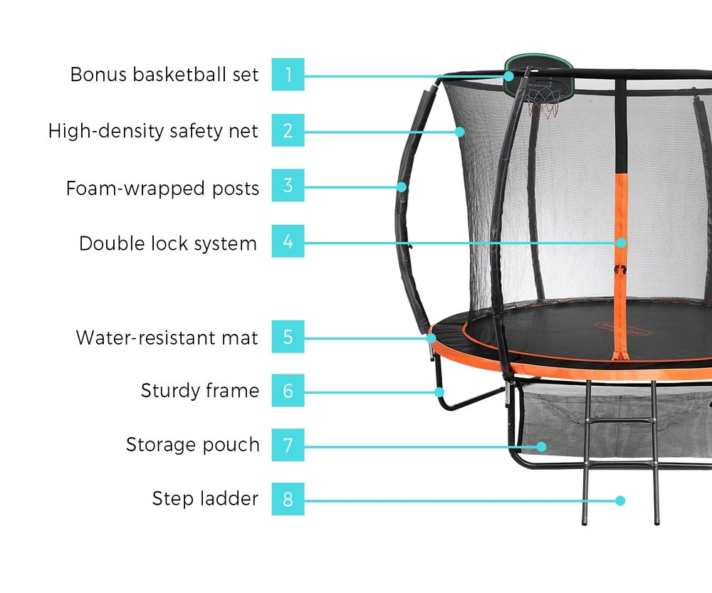 10FT/12FT Kids Trampline Safety Net Basketball Set Ladder Round