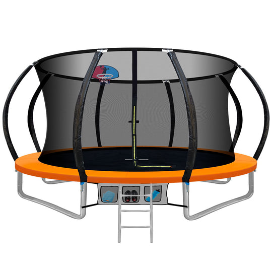 12FT Kids Trampoline with Ladder & Safety Net - Orange | Everfit Round Basketball Hoop