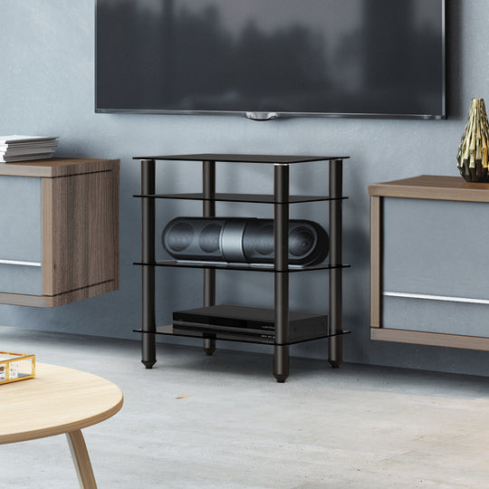 Glass finish - Tv Stand 4 Tiers Storage Shelf Rack Tempered Glass Entertainment Unit