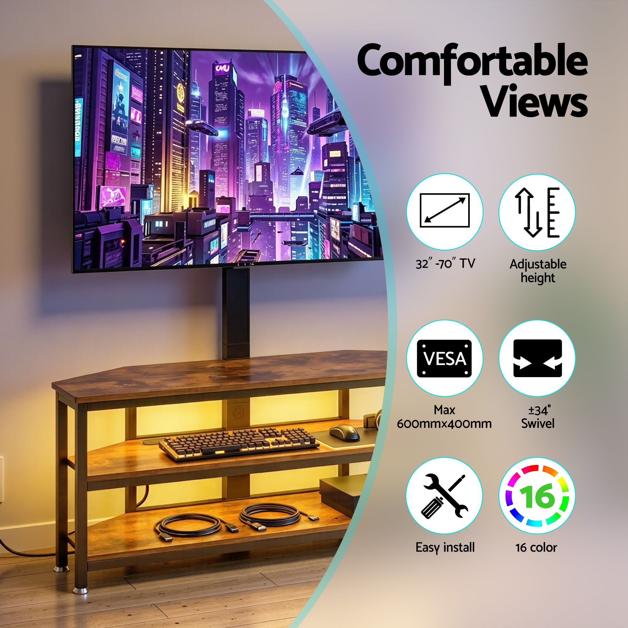 Corner TV Stand 32-70" RGB LED Power Outlet | Simpledeals