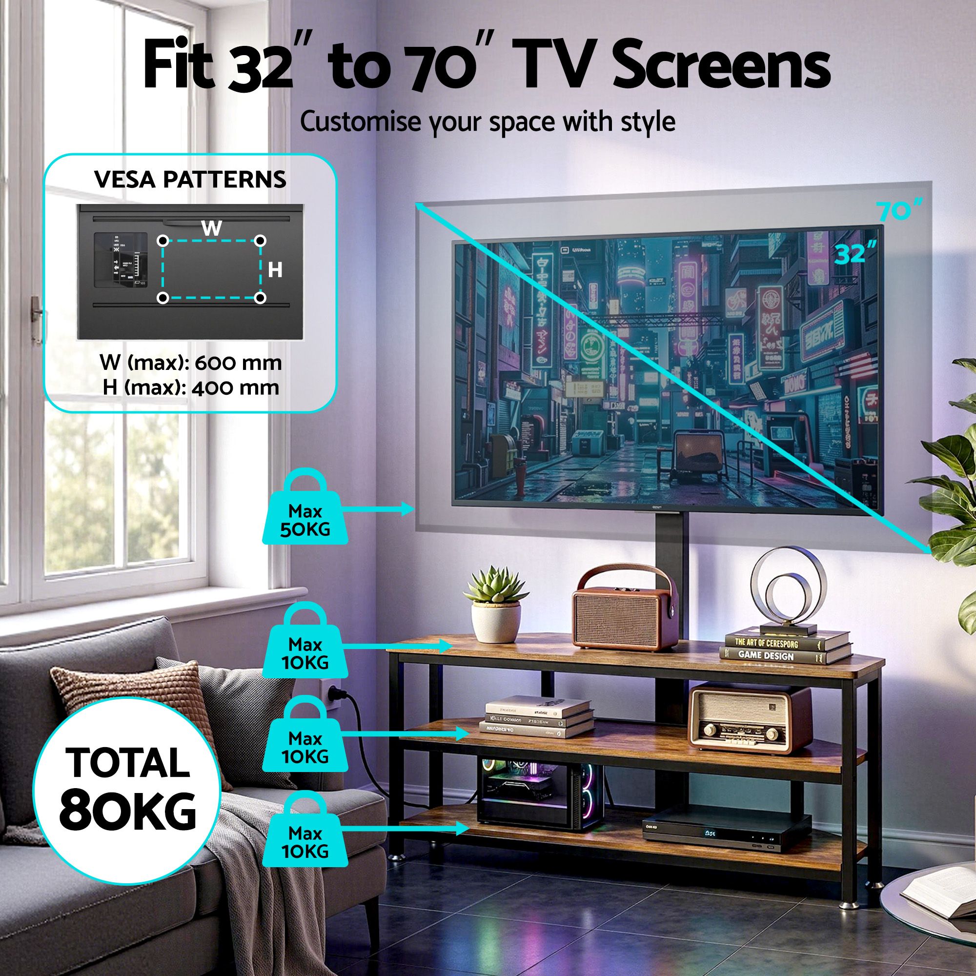 Corner TV Stand 32-70" RGB LED Power Outlet | Simpledeals