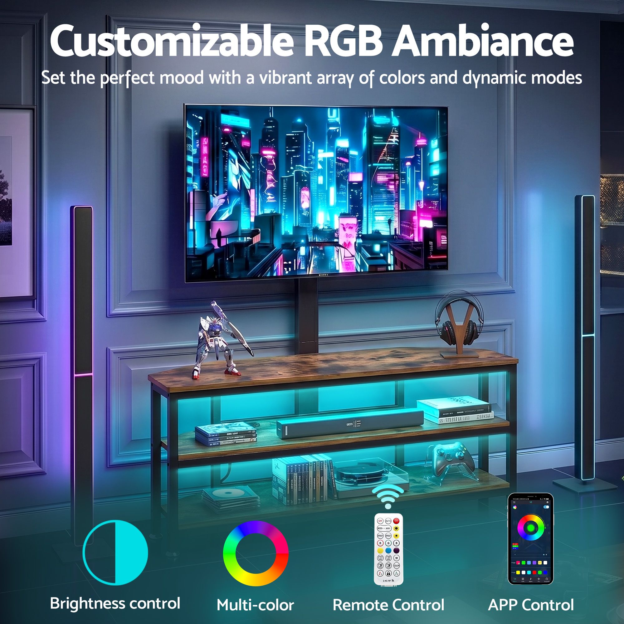 Corner TV Stand 32-70" RGB LED Power Outlet | Simpledeals