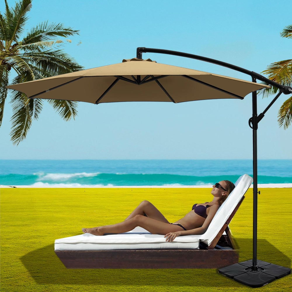 3M Umbrella W/Base Outdoor Cantilever Beach Garden Patio Parasol, Umbrellas & Sunshades