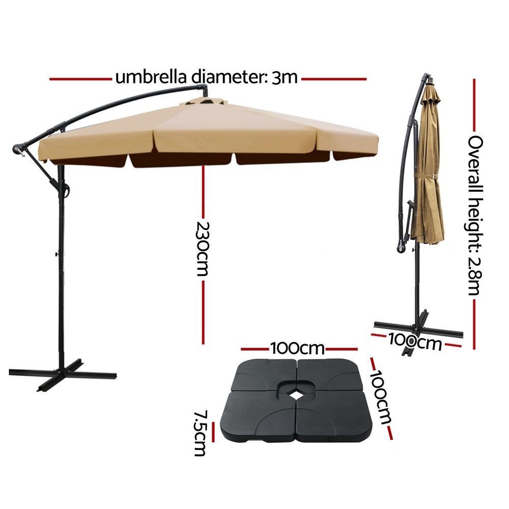 3m Outdoor Umbrella w/Base Cantilever Garden Beach Patio Beige, Beige colour