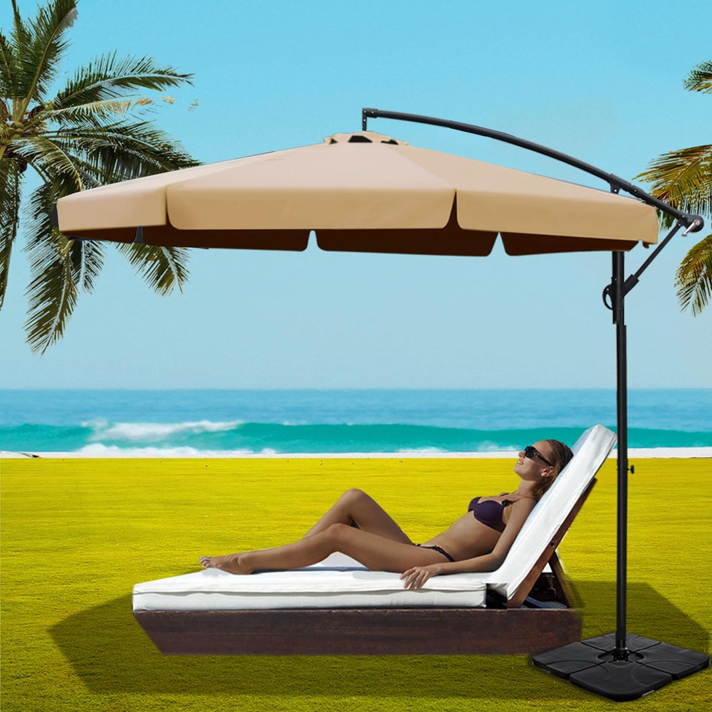 3m Outdoor Umbrella w/Base Cantilever Garden Beach Patio Beige | Umbrellas & Sunshades