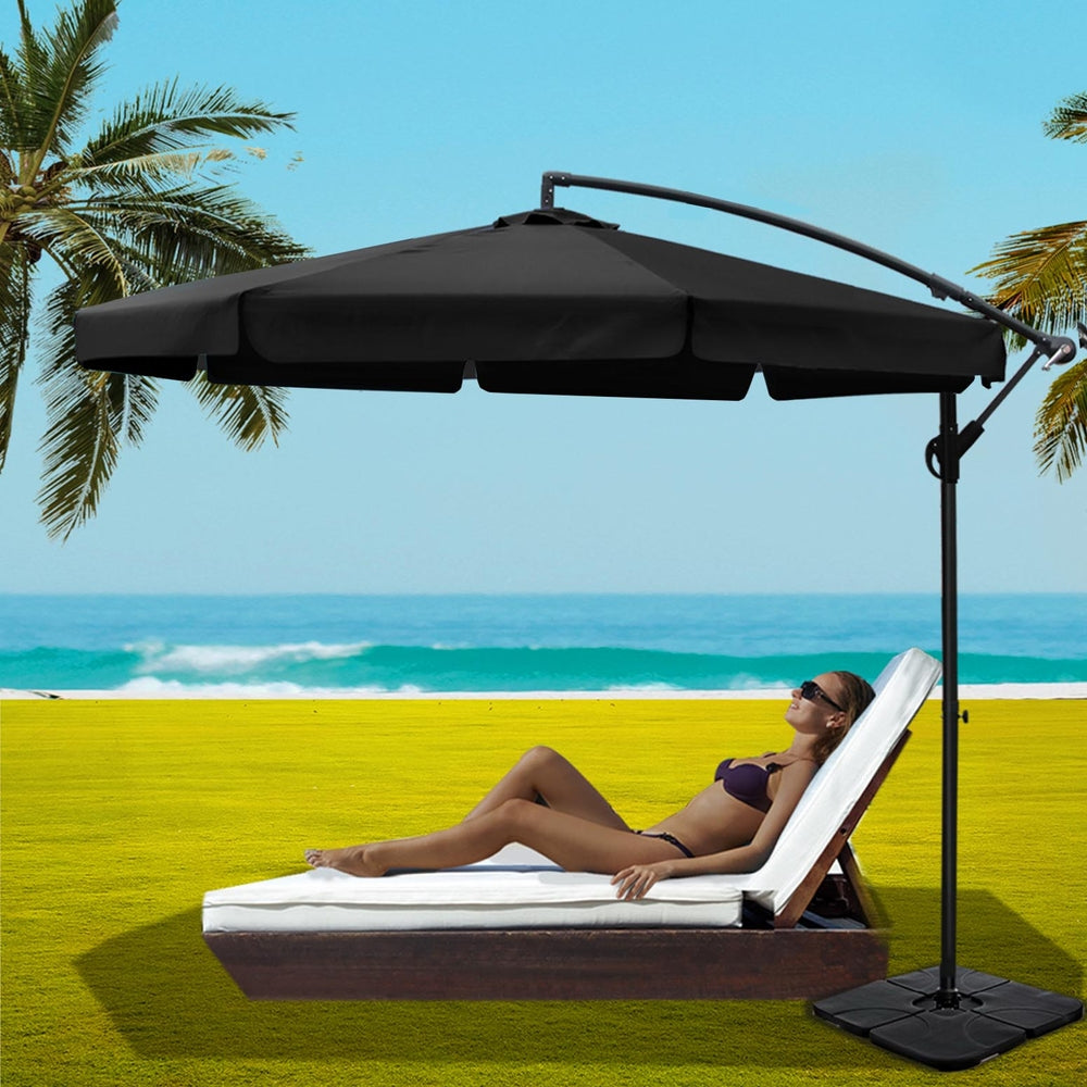 3M Outdoor Umbrella W/Base Cantilever Garden Beach Patio, Umbrellas & Sunshades