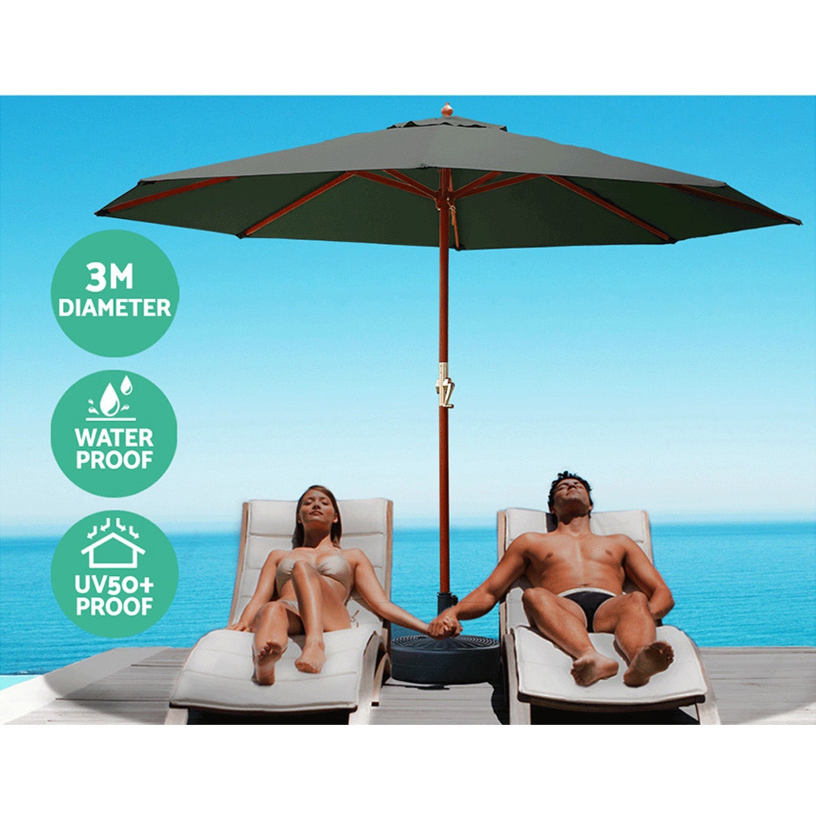 Instahut Outdoor Umbrella Pole Umbrellas 3M W/ Base Garden Stand Deck Charcoal - Umbrellas & Sunshades