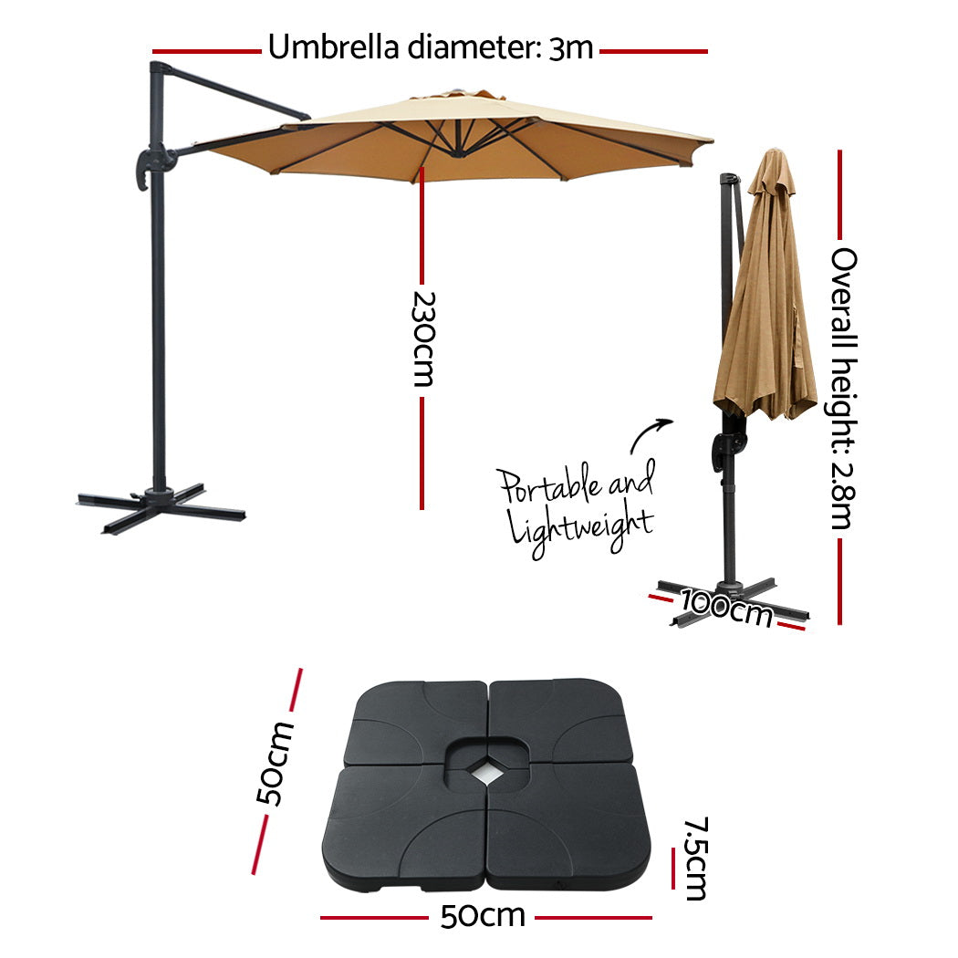 3m Outdoor Umbrella w/Base Cantilever Beach Roma 360 Degree Tilt Beige, Beige colour