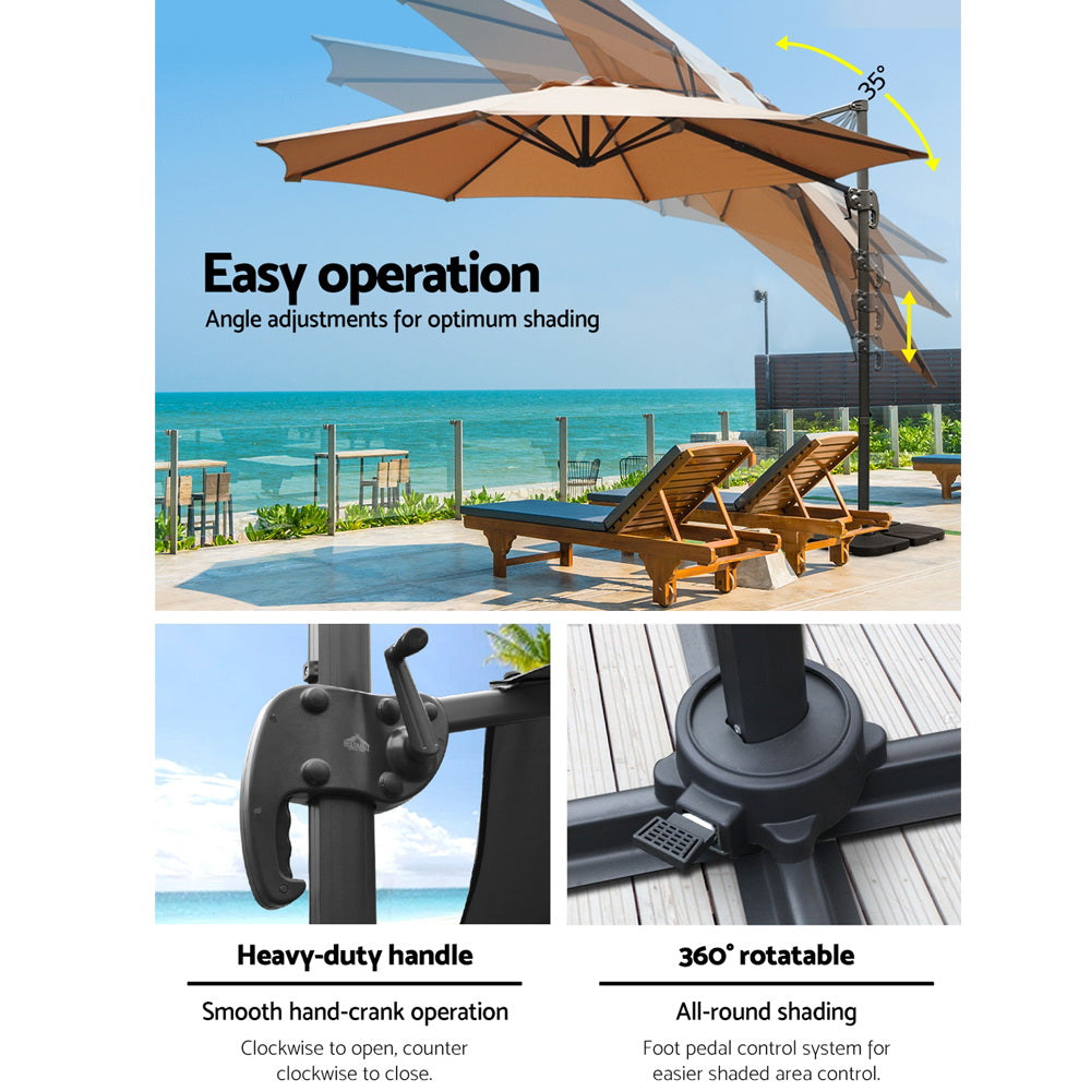Beige colour - 3m Outdoor Umbrella w/Base Cantilever Beach Roma 360 Degree Tilt Beige