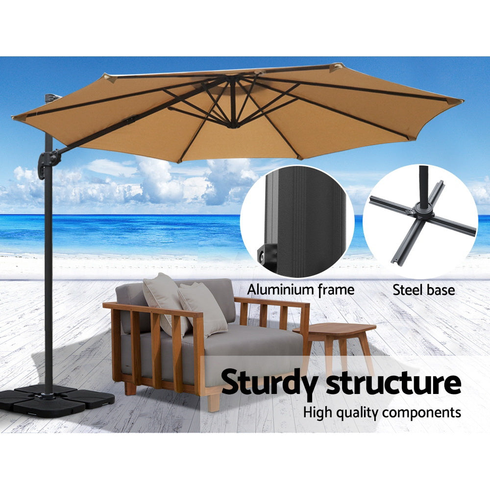 Umbrellas & Sunshades - 3m Outdoor Umbrella w/Base Cantilever Beach Roma 360 Degree Tilt Beige