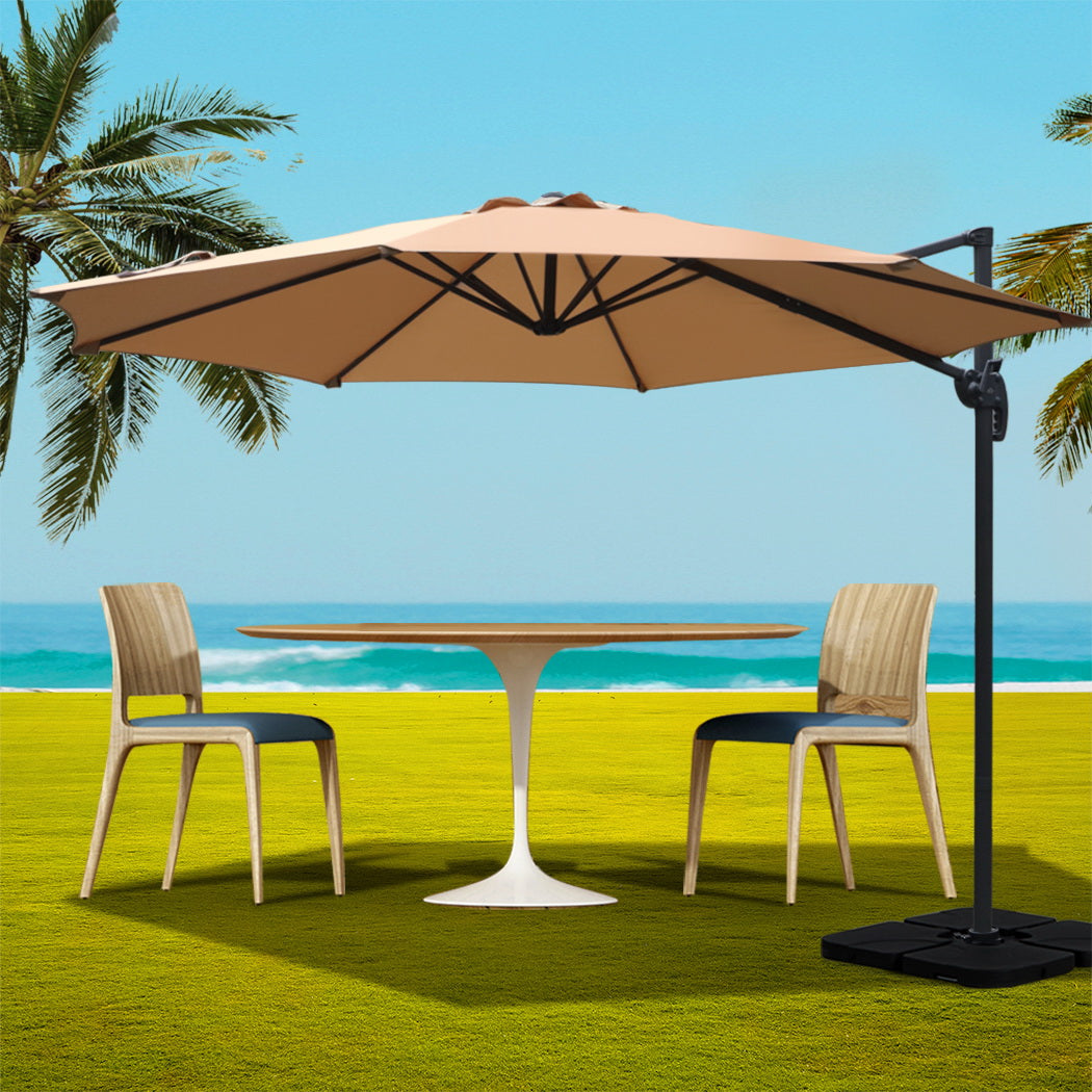 3m Outdoor Umbrella w/Base Cantilever Beach Roma 360 Degree Tilt Beige | Beige colour