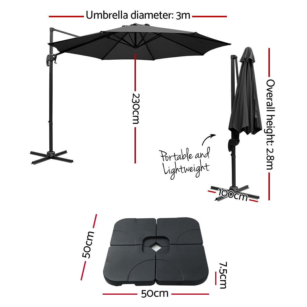 3M Outdoor Umbrella W/Base Cantilever Beach Roma 360 Degree Tilt Black, Black colour