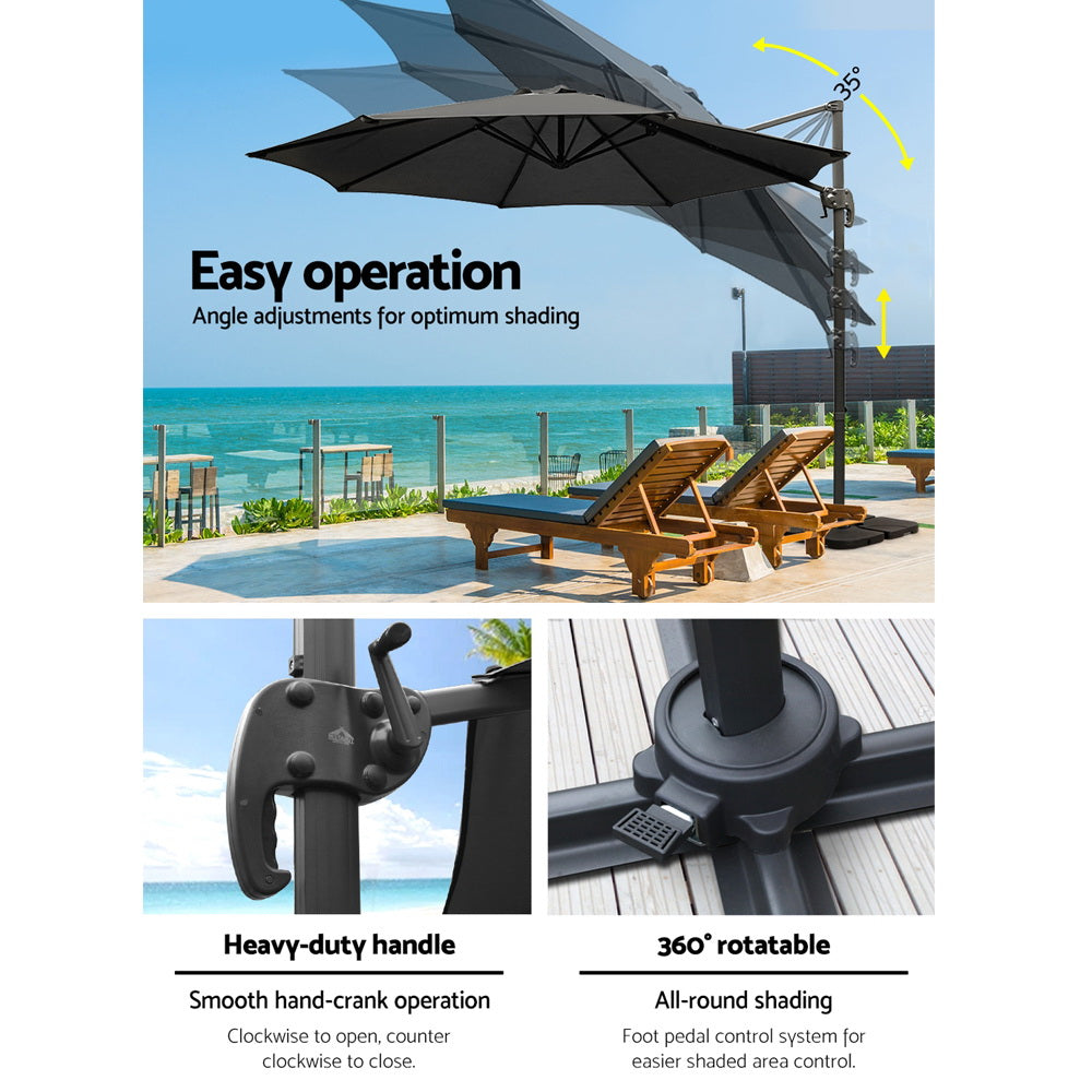 Black colour - 3M Outdoor Umbrella W/Base Cantilever Beach Roma 360 Degree Tilt Black