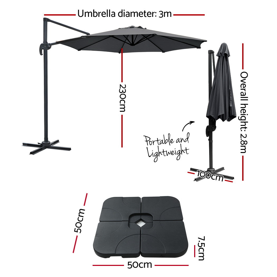 Stylish 3m Cantilever Beach Umbrella with Charcoal Stand, Charcoal colour